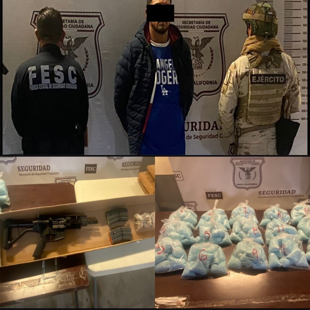 Ejército Mexicano en coordinación con la FESC detienen a una persona con más de 300 mil pastillas de droga sintética en Baja California
