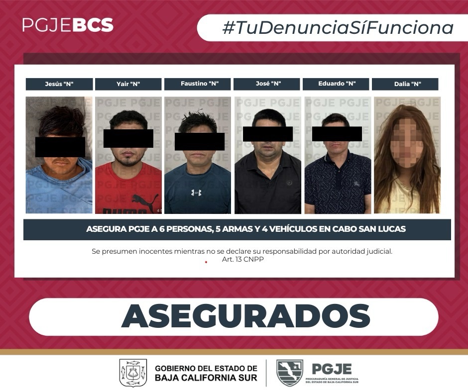Asegura PGJE a 6 personas, 5 armas y 4 vehículos en Cabo San&nbsp;Lucas