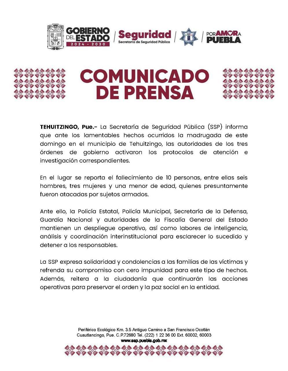 ATAQUE ARMADO DE ESTA MADRUGADA, DEJA HASTA EL MOMENTO 10 PERSONAS SIN VIDA EN #PUEBLA, ENTRE ELLAS 3 MUJERES Y UN MENOR.