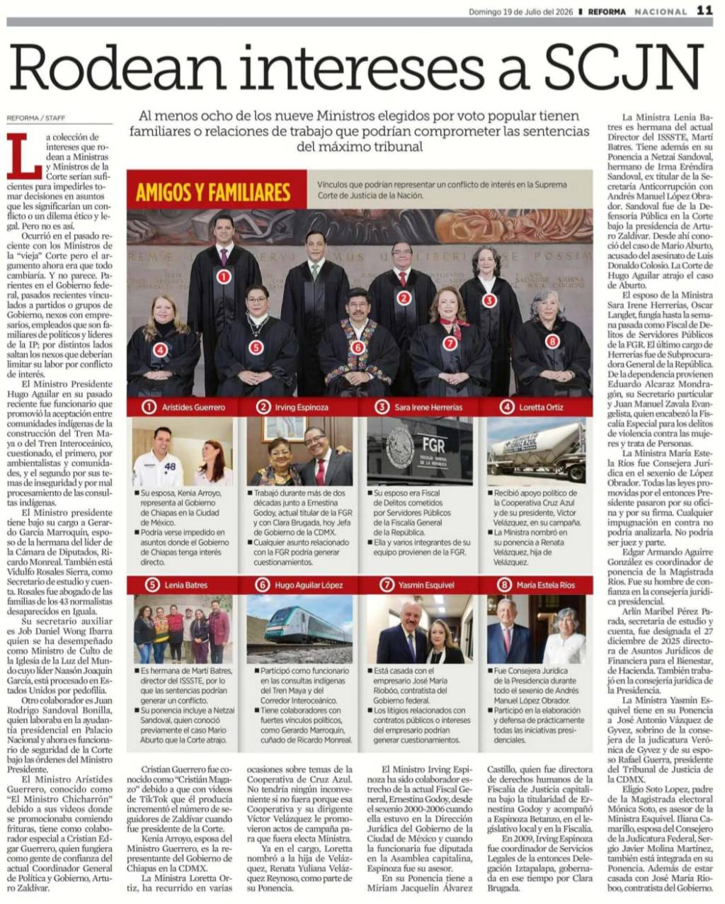 ALERTA EN LA NUEVA SUPREMA CORTE: SEÑALAN REDES FAMILIARES, POLÍTICAS Y LABORALES ALREDEDOR DE OCHO MINISTROS